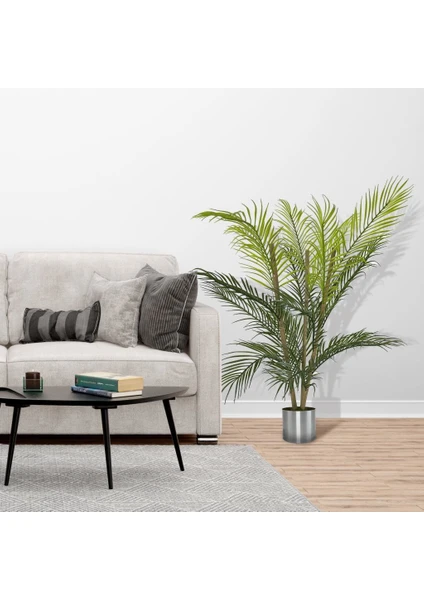 Yapay Çiçek Areka Ağacı Palmiye Ağacı Bambu Saplı Gümüş Saksılı Salon Çiçeği 18 Yaprak 85 cm